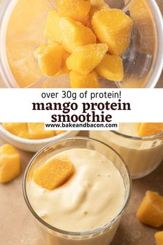 mango protein smoothie in a blender with the text over 30g of protein