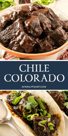 a plate full of food with the words chile colorado on it and an image of steak in