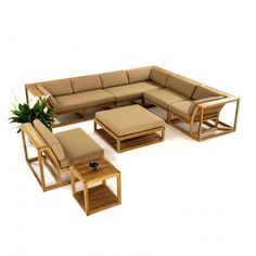 an outdoor furniture set made out of wood and beige cushions, with a plant in the center