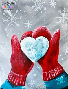 an acrylic painting of two red gloves holding a white heart in front of snowflakes