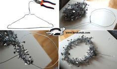 four pictures showing how to make a silver star wreath with wire and scissors on it