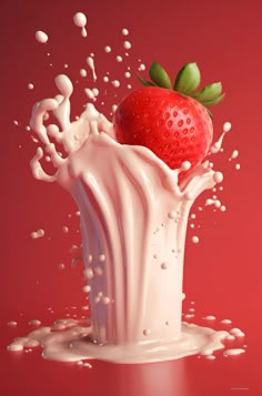 a strawberry splashing into a milkshake on a red background