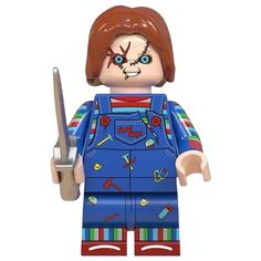 the lego figure is wearing blue overalls and holding a knife in one hand, with an evil look on his face