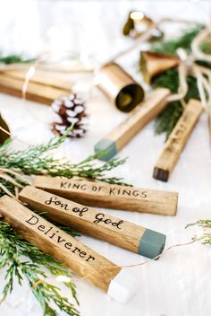 wooden dowks with writing on them sitting next to pine cones and evergreen branches in the foreground