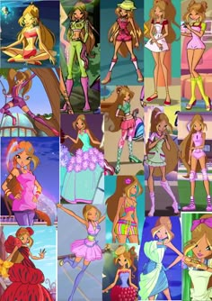 many different pictures of barbie dolls in various outfits and hair styles, all with their names on them