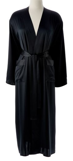 This classically styled long robe is practical for everyday use, yet the sumptuous comfort of its pure silk construction makes each wear feel like a special occasion. Black Robe Aesthetic, Black Silk Pajamas, Black Silk Robe, Thanksgiving Weekend, Character Clothes, Pajama Dress, Birthday Inspo, Silk Robe, Silk Pajamas