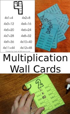 two pictures with the words multiplication wall cards in front of them and an image of someone writing numbers on a piece of paper