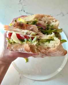 a hand holding a sandwich with meat, lettuce and tomato on it in front of a marble counter top