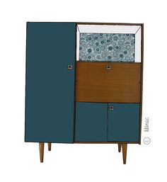 a blue cabinet with an open door and drawers