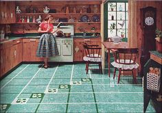 a woman standing in a kitchen next to a table with chairs and a stove top oven