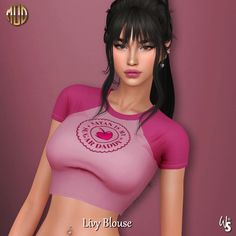 a woman wearing a pink top with an apple on it's chest and black hair