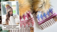 a knitted beanie hat with two pom - poms on top and an ad for autumn's charm