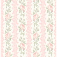 a pink and green striped wallpaper with flowers on the bottom, in pastel tones