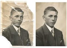 an old photo of two men in suits and ties, one wearing a suit jacket