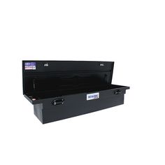 a black tool box sitting on top of a white surface with the lid open and two drawers closed