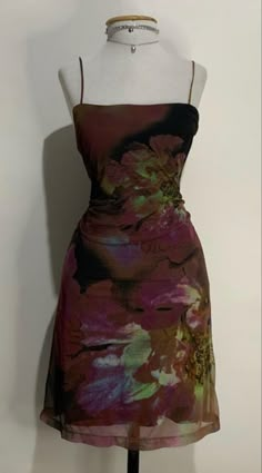 200s Dresses, Dark Summer Dress, Earthy Hoco Dress, Elegant Floral Mini Dress, Dresses For Square Body Type, 90s Hoco Dresses, Y2k Dress Aesthetic, Whimsigoth Summer Outfits, Whimsigoth Fits