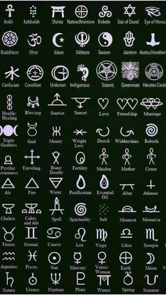 an image of various symbols and their meaningss on a black background with white lettering