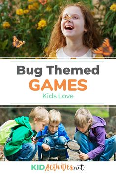 two children playing with bugs in the woods and text overlay reads bug themed games kids love