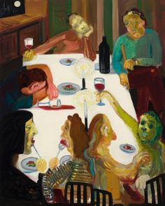 a painting of people sitting at a dinner table