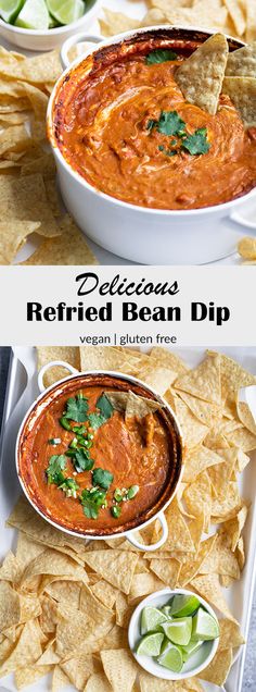 two bowls filled with refried bean dip and tortilla chips