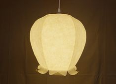 a large white paper lantern hanging from a ceiling fixture on a brown background with the light turned off