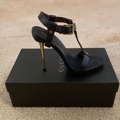 Brand New In Original Box Size 36 “Kylie“ Dark Brown Leather With Black Wooden Sole And Gold Stiletto Heel Approximate Heel Height Is 4 Inches Includes Heel Replacements And Gucci Dust Bag Jlo Was Seen Recently Wearing A Similar Pair Gucci Ankle Strap Heels For Office, Designer Brown Heels For Office, Chic Gucci Heels With Reinforced Heel, Gucci Luxury Heels For Night Out, Designer Gucci Heels With Sculpted Heel, Gucci High Heels For Office, Designer Brown High Heel Shoes, Gucci Brown Heels For Formal Occasions, Designer Gucci Heels For Night Out