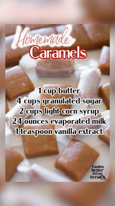 the ingredients for homemade caramels are shown in this advertise with an image of marshmallows