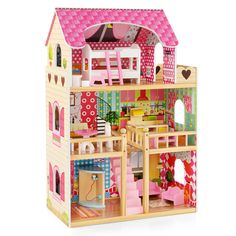 a wooden dollhouse with furniture and accessories on it's sides, including a pink roof