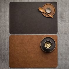 two placemats, one with a dog bowl and the other with a wooden spoon