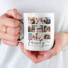 a woman holding a coffee mug with photos on it and the words family printed on it