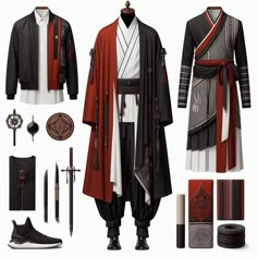 the costume is made up of black, red and white clothing with different types of accessories