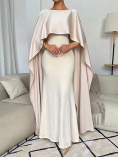 Apricot  Collar Cap Sleeve Knitted Fabric Plain Fitted Embellished Medium Stretch  Women Clothing Shawl For Dress Formal, Evening Dress With Shawl, Clothes For Slim Women, Arabic Outfits For Women, White Silk Outfit, Shawl With Dress, Fine Dining Outfit Women, Long Silk Dresses, Modest Party Dress