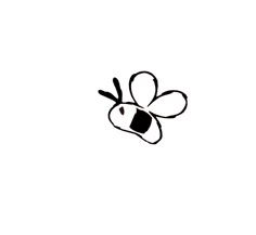 a black and white drawing of a bee flying through the air with it's eyes closed