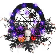 [QUALITY MATERIAL] Our halloween decorative wreath is made of natural grape vine base, durable and environmentally friendly. The elements are matched with high-quality PU plastic, no smell, safe to use [CREATIVE DESIGN] Halloween wreath with 20 LED lights, with rich elements such as roses, spiders, skulls, pumpkins, bells, etc., can attract and scare your guests [HANDMADE] 16inch Halloween wreaths for front door is pure handmade, every detail is carefully designed and finally put together, requi Halloween Wreaths For Front Door, Halloween Decorations Wreaths, Wreath With Lights, Haunted Mansion Halloween, Halloween Witch Wreath, Skull Wreath, Ghost Lights, Rose Skull, Halloween Wreaths