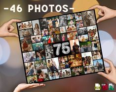 two hands holding up a photo collage with the number seventyth anniversary pictures on it