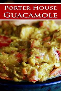 A plate of chunky guacamole with red peppers in it. Porter House, Guacamole Recipe, Guacamole, Tomatoes, Porter, Bowl, Texture