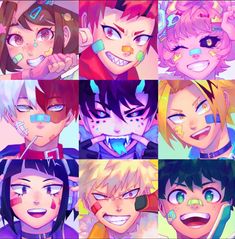 the many faces of an anime character with different hair colors and makeup looks like they are smiling