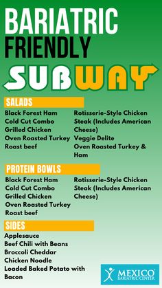 Subway is an ideal choice for gym-goers trying to meet protein goals or bariatric surgery patients meticulously tracking macros. Check out our blog for a meal planner, a list of bariatric-friendly menu options, and helpful tips to succeed on your weight loss journey in a world fueled by fast food. Sleeve Surgery Diet, Subway Menu, High Protein Bariatric Recipes, Bariatric Recipes Sleeve, Gastric Bypass Diet, Protein Goals, Bariatric Sleeve, Tracking Macros, Bariatric Friendly Recipes