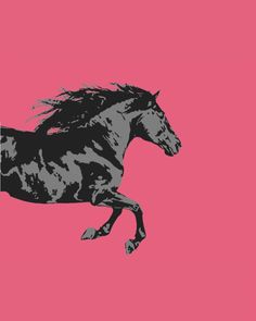 a black horse running across a pink background