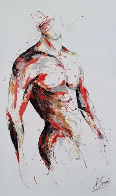 an abstract painting of a man's torso with red paint splatters on it