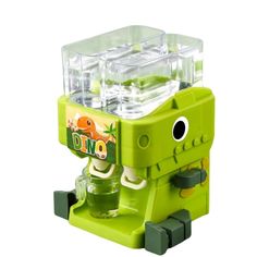 a green toy machine sitting on top of a white table next to a cup holder