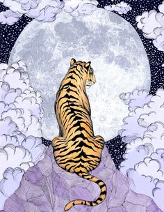 a tiger sitting on top of a rock in front of a full moon with clouds