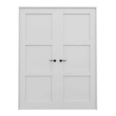 an open white door with two black handles on the front and back doors, against a white background