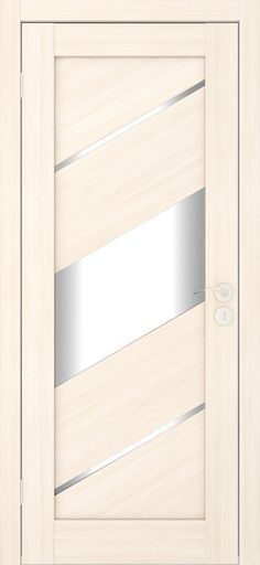 a white door with a silver strip on the front and side paneled in wood