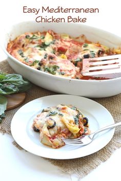 an easy mediterranean chicken bake on a white plate with a fork in the dish