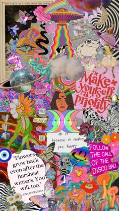 a collage of colorful images with words and pictures on the bottom, including an image of a woman's face