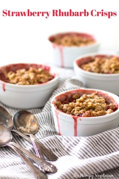 Four ramekins of mini strawberry rhubarb crisps with spoons with text overlay.