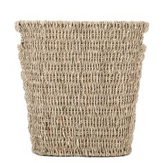 a large woven basket with handles on the front and bottom, in natural colors is shown