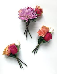 three different types of flowers are arranged on a white surface, one is pink and the other is orange