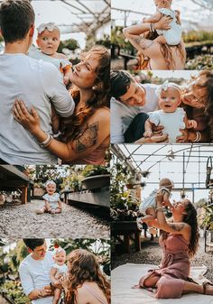 a collage of photos shows a woman holding a baby in her arms and two men sitting on the ground